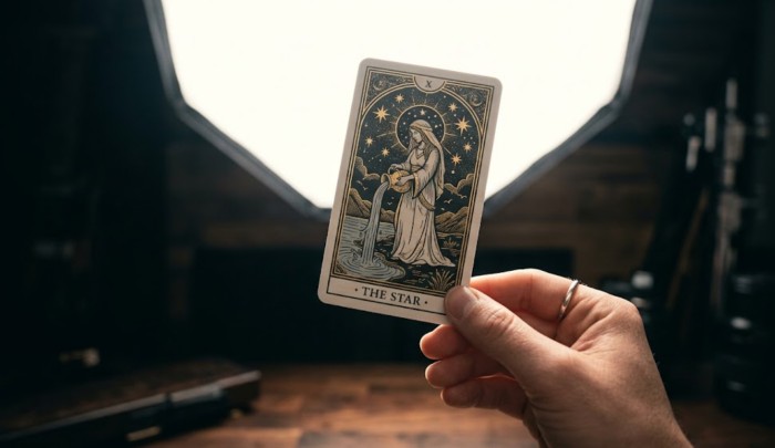 A beautifully illustrated custom tarot card printed on 330gsm German Black Core stock completely blocking a bright light, demonstrating 100% opacity and zero transparency for Kickstarter projects.