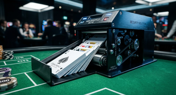 Casino-grade playing cards feeding flawlessly into an automatic shuffler, showcasing VNK's 0.1mm micro-cutting precision.