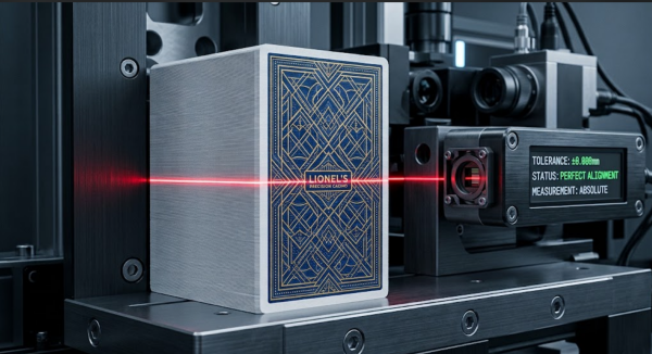 Laser-guided precision cutting of casino playing cards to eliminate edge-sorting and ensure auto-shuffler compatibility.