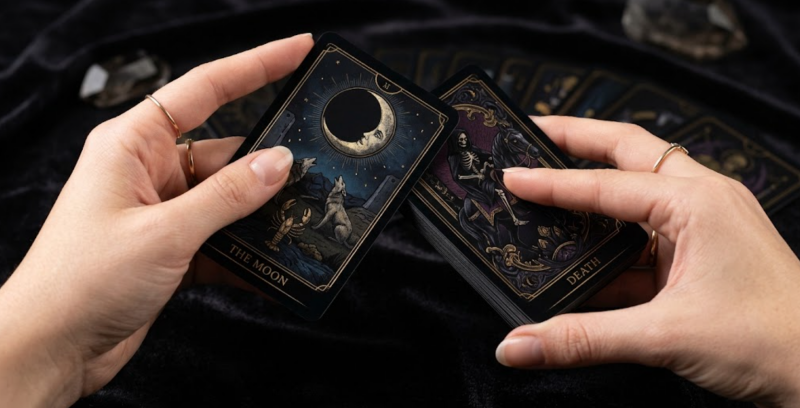 Tarot cards being shuffled, showcasing the durability of VNK's anti-scuff velvet matte lamination against friction and scratches.