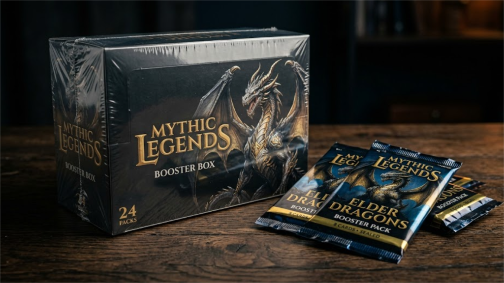 Premium custom TCG booster box and sealed high-barrier metallic foil packs on a dark table, manufactured by VNK.