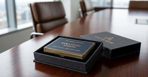 Custom executive coaching deck resting on a boardroom table, manufactured by VNK for corporate trainers.