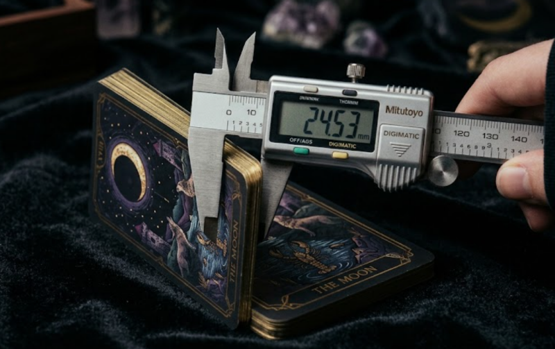 Precision industrial caliper measuring a premium custom tarot card, showcasing VNK's exact manufacturing tolerances.
