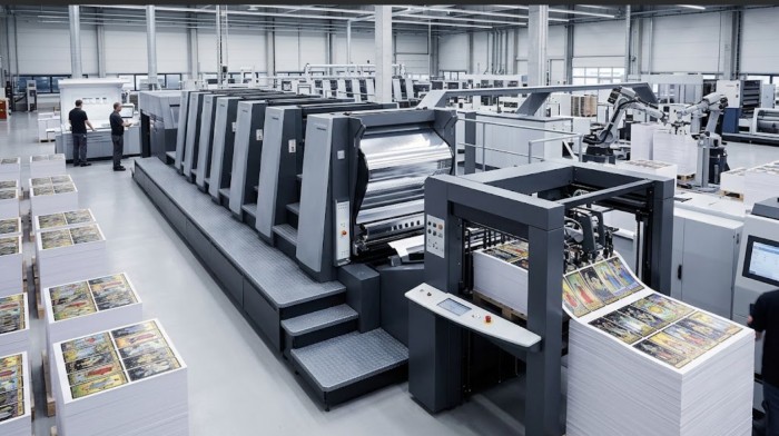 Modern Heidelberg offset printing press manufacturing high-end custom tarot decks with stunning cold foil metallic accents on the VNKplayingcard production line.