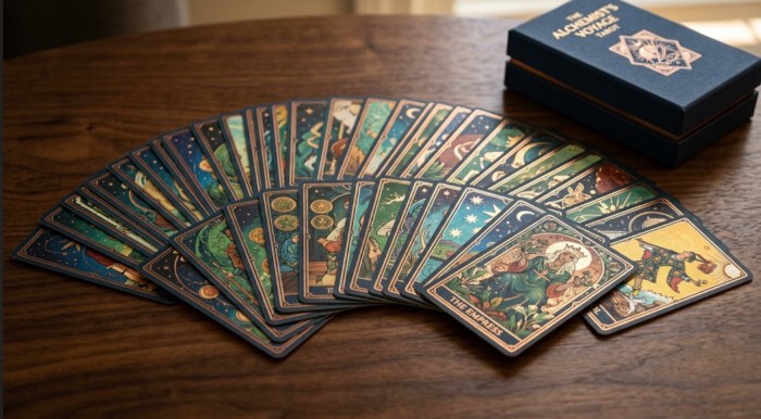 Luxurious indie tarot deck printed on 330gsm black core paper with metallic accents, displayed next to a premium custom two-piece rigid box ready for Kickstarter fulfillment.