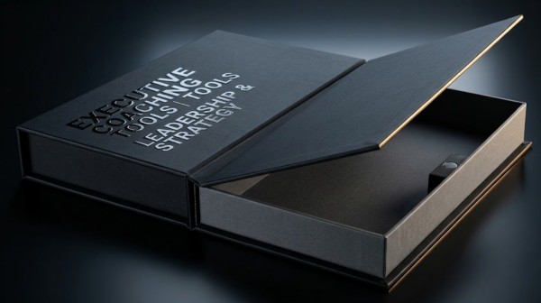 Luxury rigid magnetic book box with 3D Spot UV embossing manufactured for premium leadership training tools.
