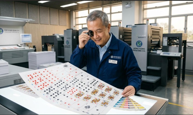 Manufacturing engineer inspecting an uncut sheet of custom playing cards, offering a 1-on-1 prototype assessment.