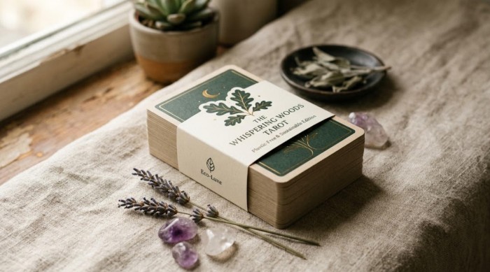 Plastic-free tarot decks secured with eco-friendly FSC paper banding for European market compliance.