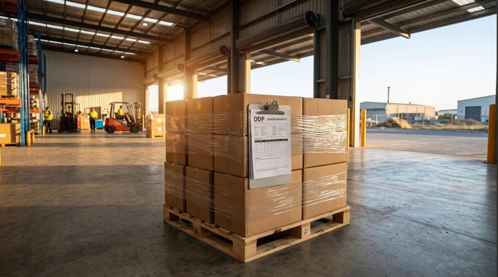 Pallets of retail-ready card games delivered via DDP shipping to a warehouse in Sydney, Australia.