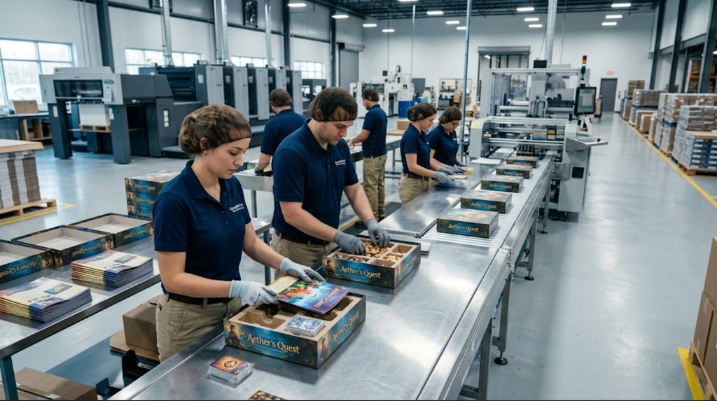 Factory-direct kitting and assembly process for a board game manufacturer shipping DDP to Australia.