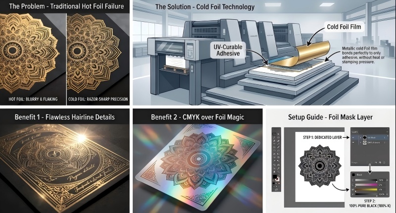 A multi-panel infographic comparing traditional hot foil and cold foil printing techniques. Top left panel titled 'The Problem - Traditional Hot Foil Failure', showing a blurry and flaking mandala pattern. The panel to the right is titled 'The Solution - Cold Foil Technology', featuring a cross-section diagram of a printing press with labels for 'UV-Curable Adhesive' and 'Cold Foil Film', explaining the bonding principle. Middle left panel titled 'Benefit 1 - Flawless Hairline Details', showcasing a close-up of a card with extremely intricate and detailed gold filigree. Middle right panel titled 'Benefit 2 - CMYK over Foil Magic', showing a mandala design with a rainbow holographic effect. Bottom right panel titled 'Setup Guide - Foil Mask Layer', containing two step-by-step guides: Step 1 (Dedicated Layer) and Step 2 (100% Pure Black Layer Setup).