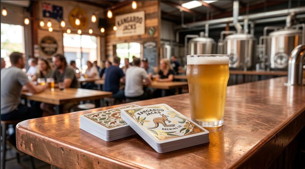 Custom printed PVC playing cards used as durable promotional merch for Australian craft breweries.
