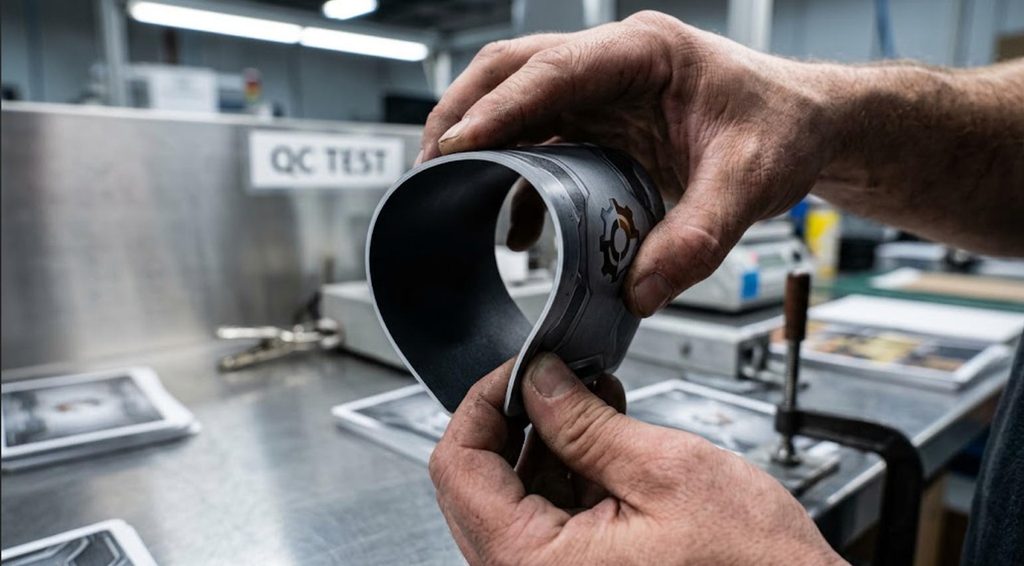 Industrial PVC playing card bent in half demonstrating kinetic memory rebound without creasing.