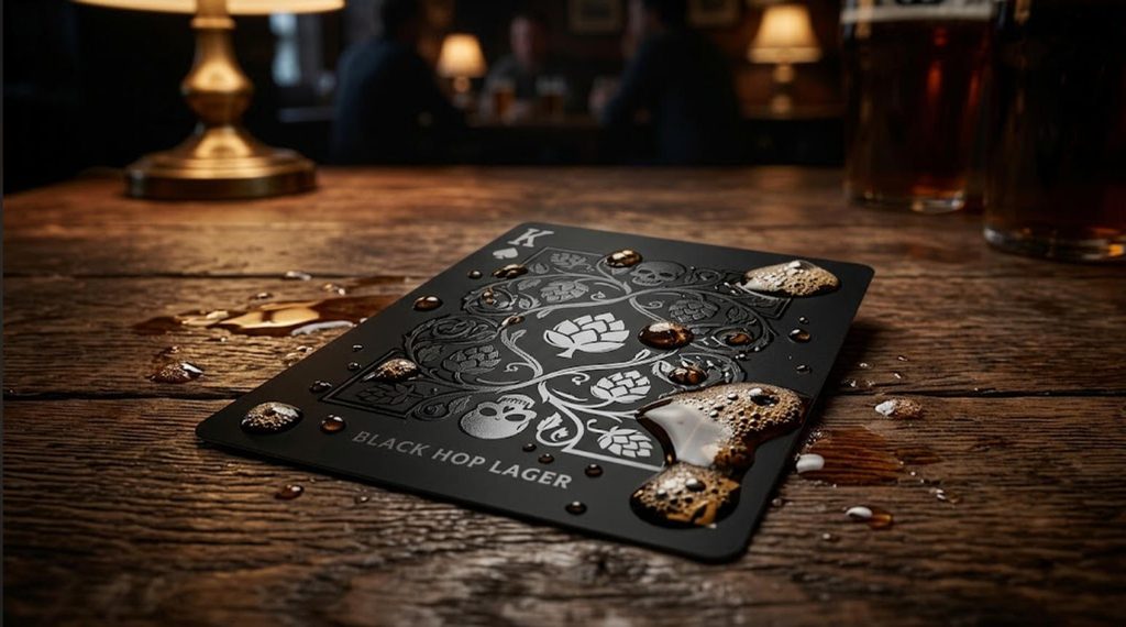 100% PVC waterproof custom playing cards in Australia resisting spilled craft beer on a wooden pub table.