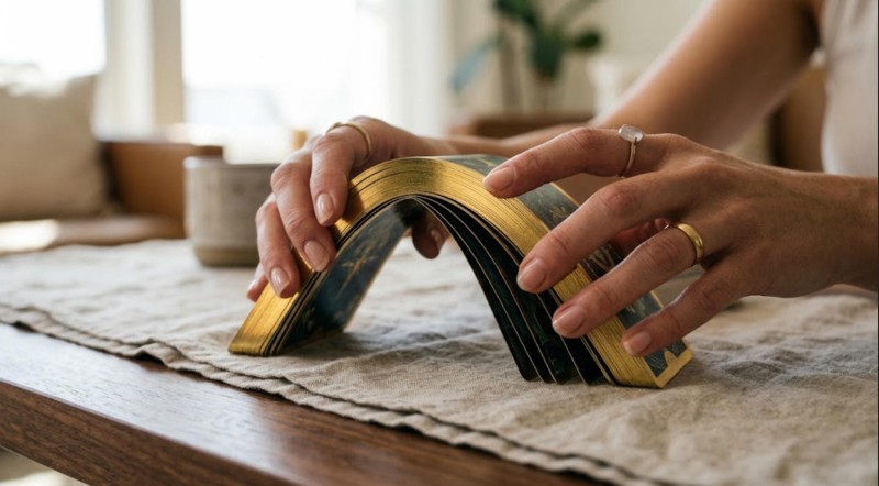 Testing the flexibility of zero-shedding gold foil edge tarot cards to ensure European quality standards.